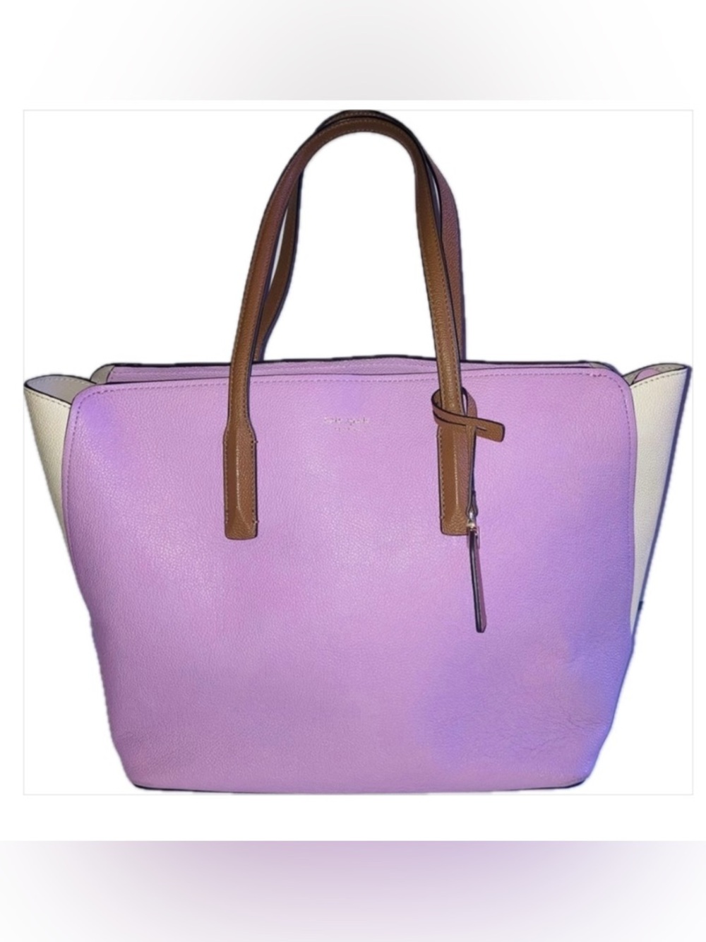 Kate Spade Large Pebbled Leather Lavender and Cream Tote Bag with Brown Handles